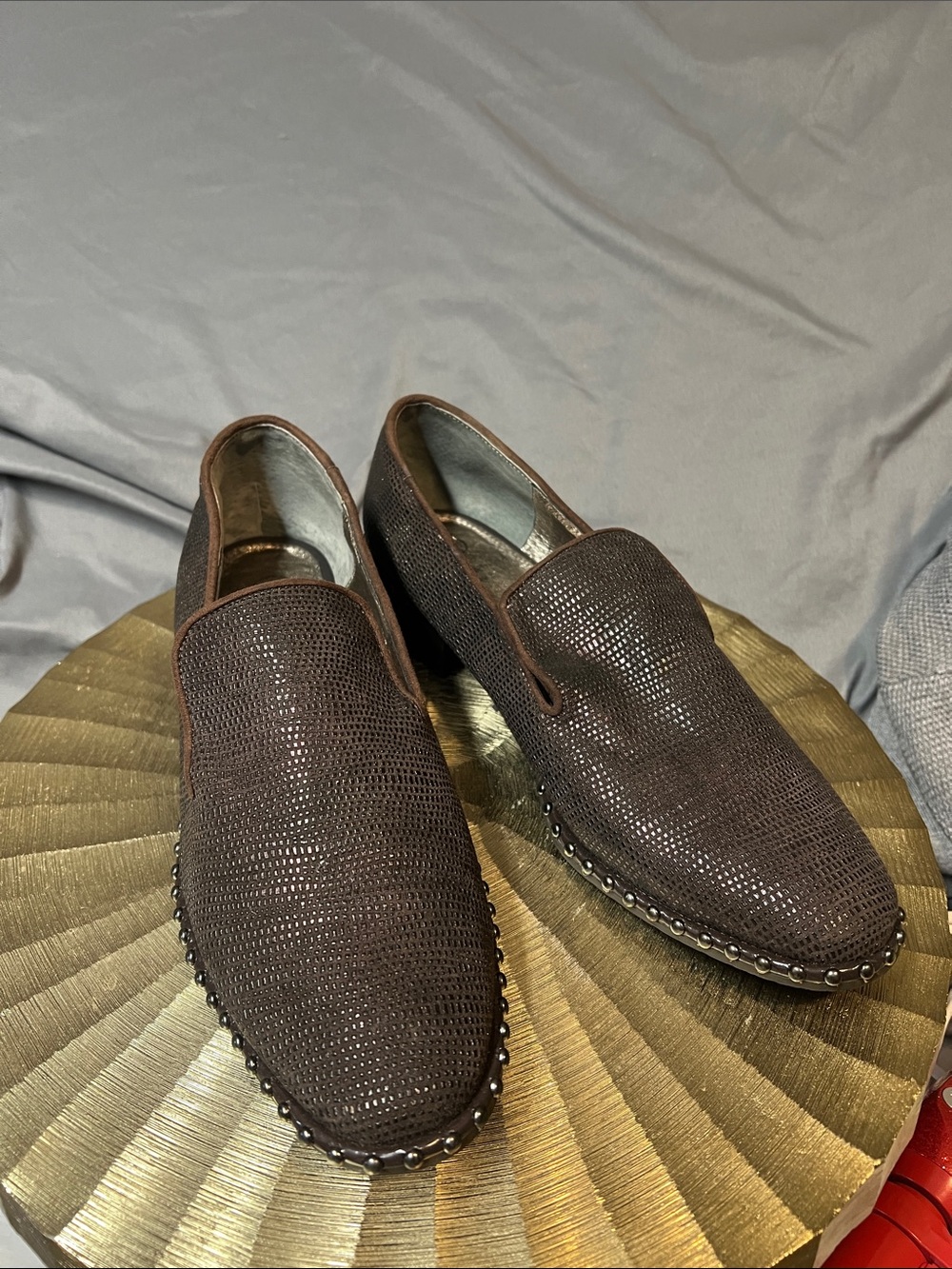 Adrianna Papell Dark Brown Textured Slip-On Loafers with Stud Detail